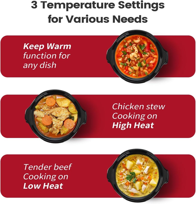 KOOC Small Slow Cooker, 2 Quart, Free Liners Included for Easy Clean-up, Upgraded Ceramic Pot, Adjustable Temp, Nutrient Loss Reduction, Stainless Steel, Red, Round - Image 4